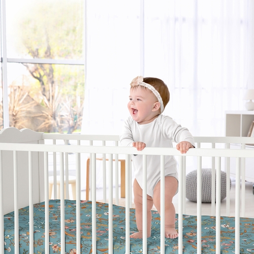 Boho Floral Wildflower Blue and Orange Crib Sheet - alt image 1