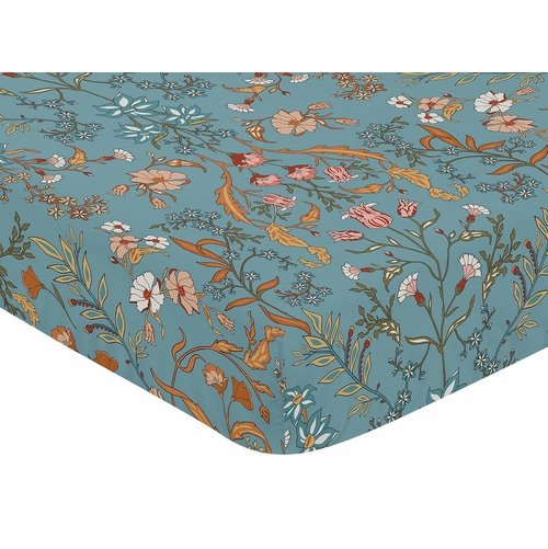 Boho Floral Wildflower Blue and Orange Crib Sheet - alt image 2