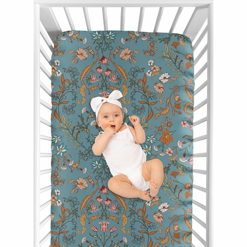 Boho Floral Wildflower Blue and Orange Crib Sheet - alt image 3