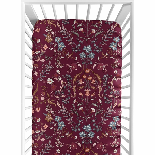 Boho Floral Wildflower Burgundy Red and Orange Collection Crib Sheet