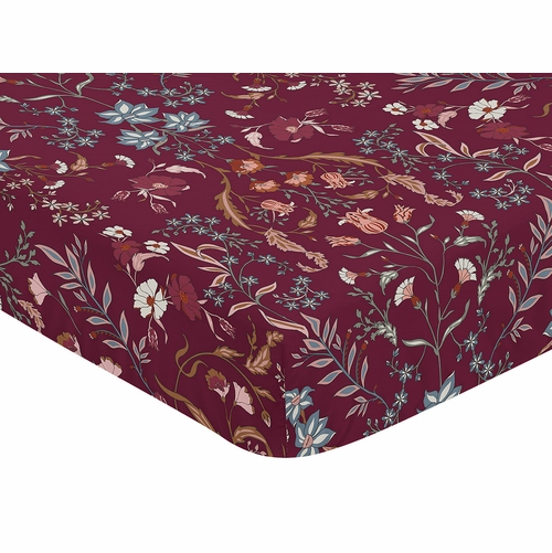 Boho Floral Wildflower Burgundy Red and Orange Collection Crib Sheet - alt image 2