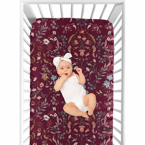 Boho Floral Wildflower Burgundy Red and Orange Collection Crib Sheet - alt image 3