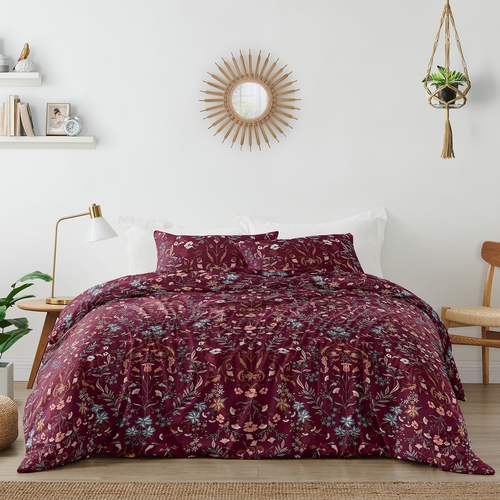 Boho Floral Wildflower Burgundy Red and Orange Collection Queen Duvet Cover Bedding Set