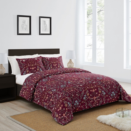 Boho Floral Wildflower Burgundy Red and Orange Collection Queen Duvet Cover Bedding Set - alt image 1