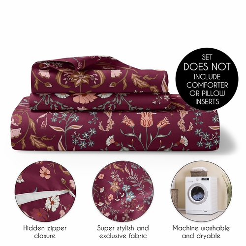 Boho Floral Wildflower Burgundy Red and Orange Collection Queen Duvet Cover Bedding Set - alt image 3