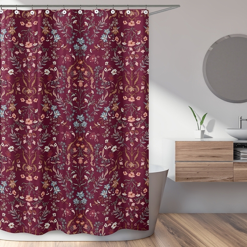 Boho Floral Wildflower Burgundy Red and Orange Collection Shower Curtain - alt image 1