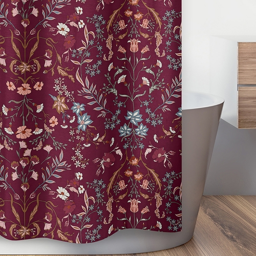 Boho Floral Wildflower Burgundy Red and Orange Collection Shower Curtain - alt image 2