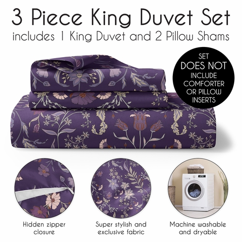 Boho Floral Wildflower Plum Purple Collection King Duvet Cover Bedding Set - alt image 2