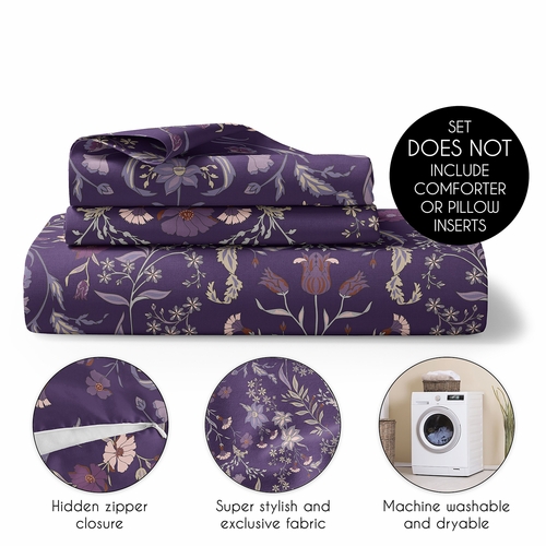 Boho Floral Wildflower Plum Purple Collection Queen Duvet Cover Bedding Set - alt image 3