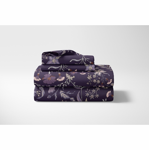 Boho Floral Wildflower Plum Purple Collection Queen Sheet Set - alt image 1