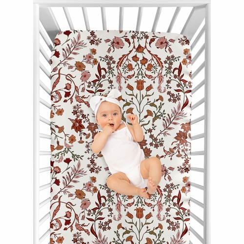Boho Floral Wildflower Rust Orange and Ivory Collection Crib Sheet - alt image 3