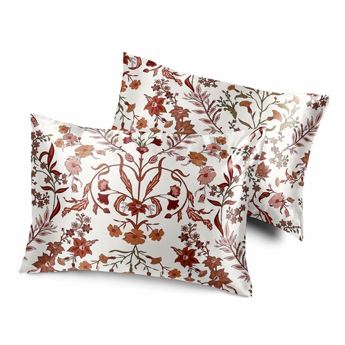 Boho Floral Wildflower Rust Orange and Ivory Collection Decorative Satin Pillowcases - 2 Pack Set