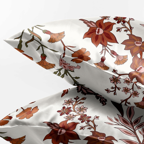Boho Floral Wildflower Rust Orange and Ivory Collection Decorative Satin Pillowcases - 2 Pack Set - alt image 2