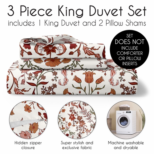 Boho Floral Wildflower Rust Orange and Ivory Collection King Duvet Cover Bedding Set - alt image 2