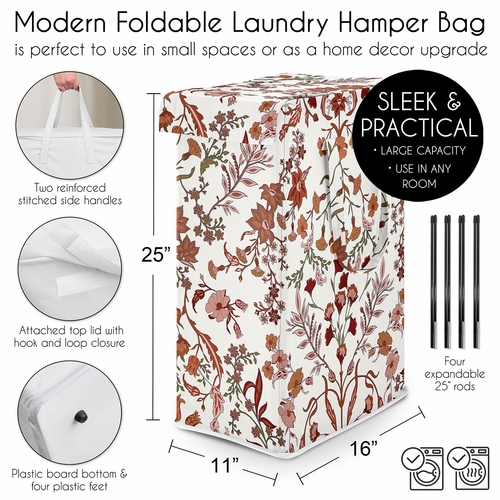 Boho Floral Wildflower Rust Orange and Ivory Collection Laundry Hamper with Handles - alt image 4