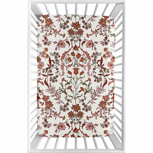 Boho Floral Wildflower Rust Orange and Ivory Collection Mini Crib Sheet