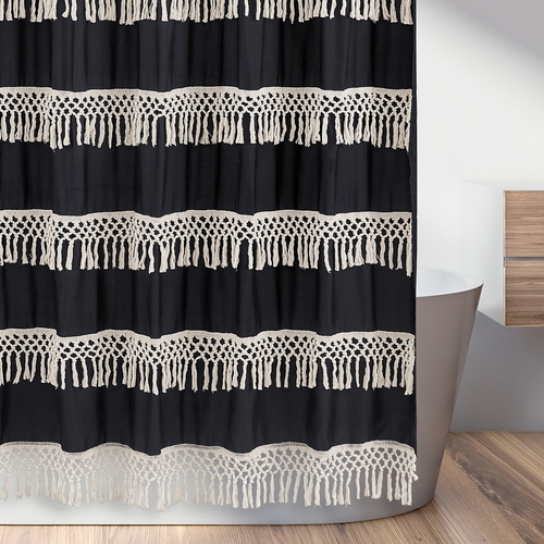 Boho Fringe Black and Ivory Collection Shower Curtain - alt image 3