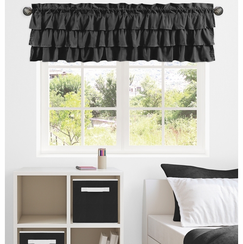 Boho Fringe Black and White Collection Solid Black Tiered Window Valance - alt image 1