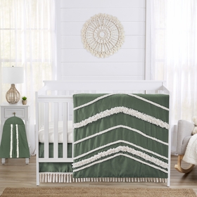 Boho Fringe Dark Green and Ivory Collection 4 Piece Crib Bedding