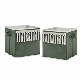 Boho Fringe Dark Green and Ivory Collection Foldable Fabric Storage Bins