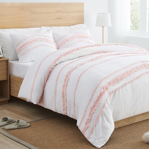 Boho Fringe Pink and White Collection Twin Duvet Cover Bedding Set