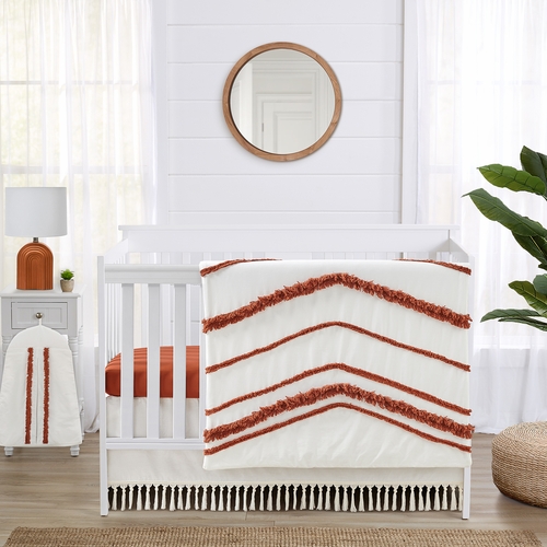 Boho Fringe Rust Orange and Ivory Collection 4 Piece Crib Bedding