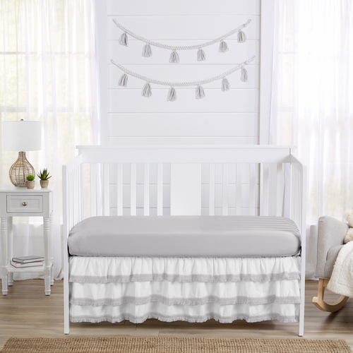 Boho Fringe White and Grey Collection 3 Tiered Crib Bed Skirt - alt image 1