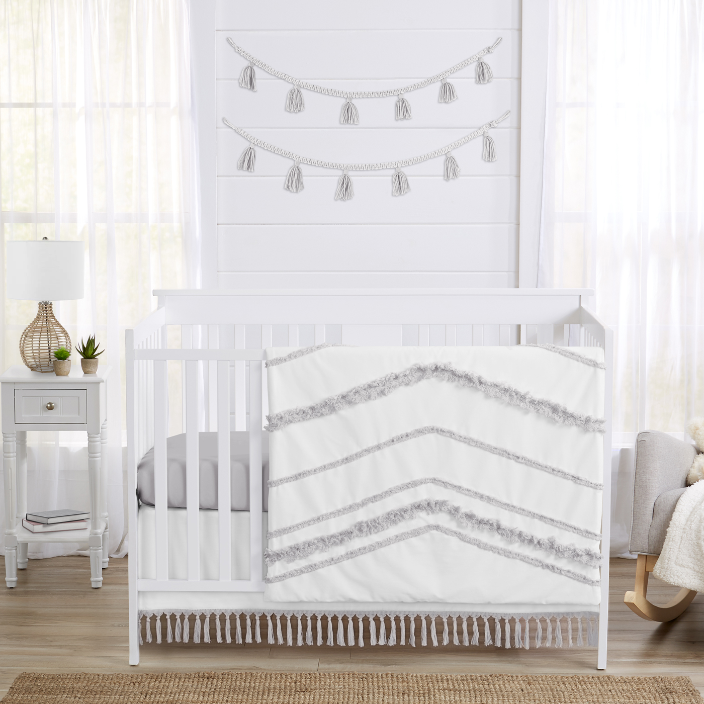 Boho Fringe White and Grey Collection Crib Bed Skirt