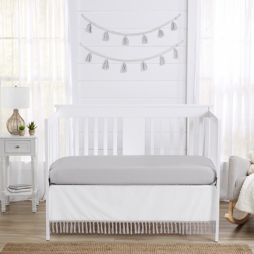 Boho Fringe White and Grey Collection Crib Bed Skirt - alt image 2
