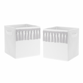 Boho Fringe White and Grey Collection Foldable Fabric Storage Bins