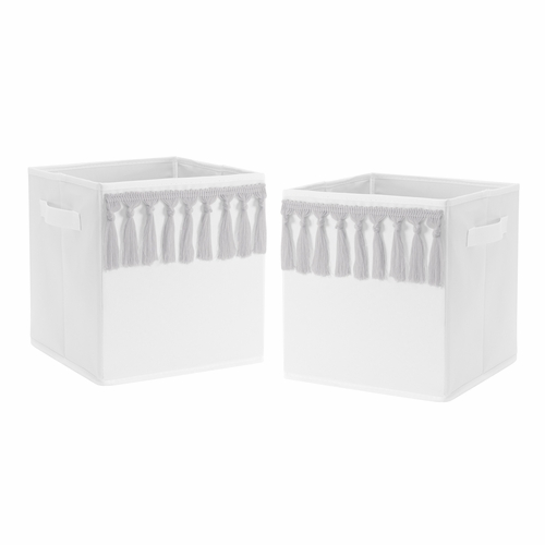 Boho Fringe White and Grey Collection Foldable Fabric Storage Bins