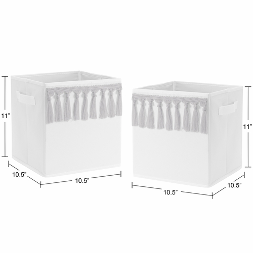 Boho Fringe White and Grey Collection Foldable Fabric Storage Bins - alt image 2