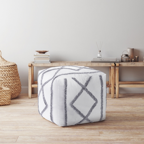 Boho Fringe White and Grey Collection Ottoman Pouf Cover - alt image 1