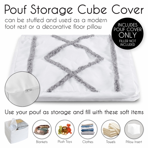 Boho Fringe White and Grey Collection Ottoman Pouf Cover - alt image 3