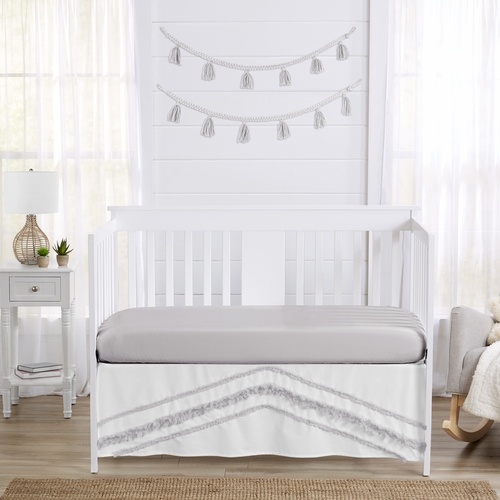 Boho Fringe White and Grey Collection Tufted Crib Bed Skirt - alt image 1