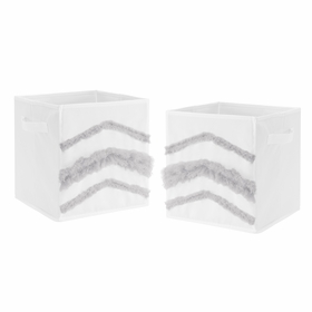 Boho Fringe White and Grey Collection Tufted Foldable Fabric Storage Bins