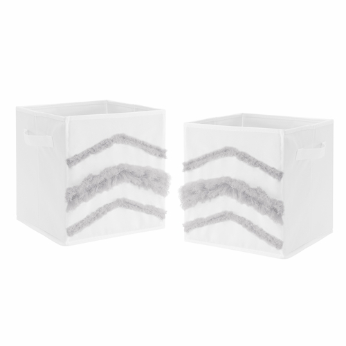Boho Fringe White and Grey Collection Tufted Foldable Fabric Storage Bins