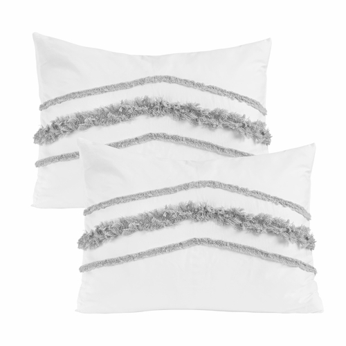 Boho Fringe White and Grey Collection Tufted Pillow Sham Covers - 2 Pack Set