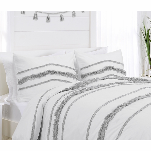Boho Fringe White and Grey Collection Tufted Pillow Sham Covers - 2 Pack Set - alt image 1