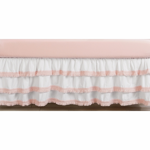 Boho Fringe White and Pink Collection 3 Tiered Crib Bed Skirt