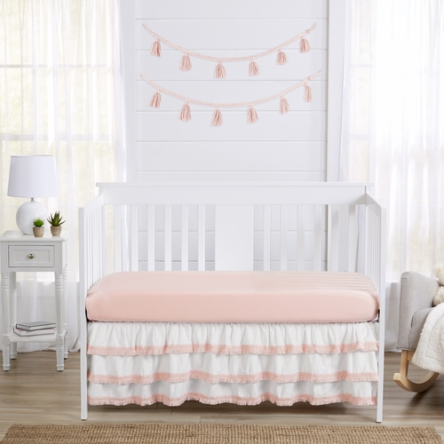 Boho Fringe White and Pink Collection 3 Tiered Crib Bed Skirt - alt image 1