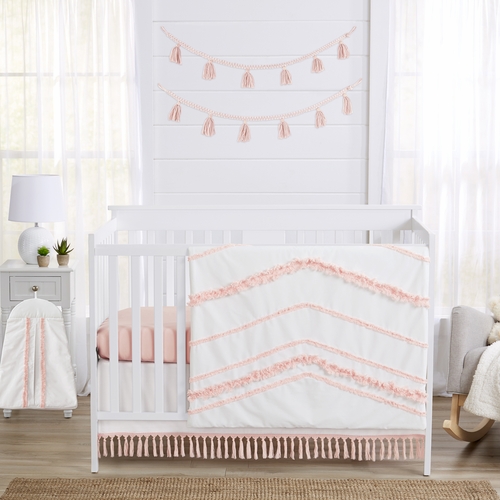 Boho Fringe White and Pink Collection 4 Piece Crib Bedding
