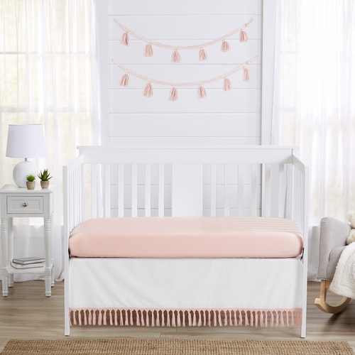 Boho Fringe White and Pink Collection Crib Bed Skirt - alt image 2