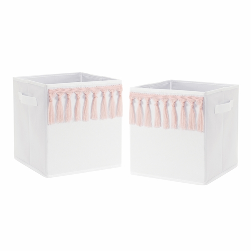 Boho Fringe White and Pink Collection Foldable Fabric Storage Bins