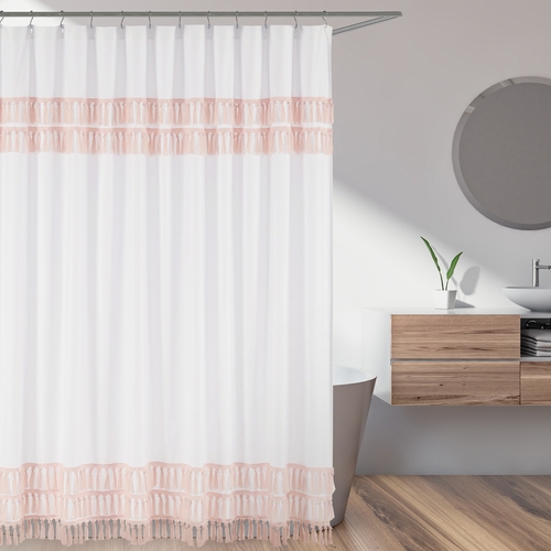Boho Fringe White and Pink Collection Shower Curtain - alt image 1