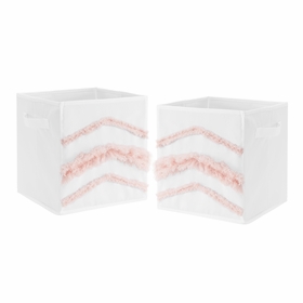 Boho Fringe White and Pink Collection Tufted Foldable Fabric Storage Bins