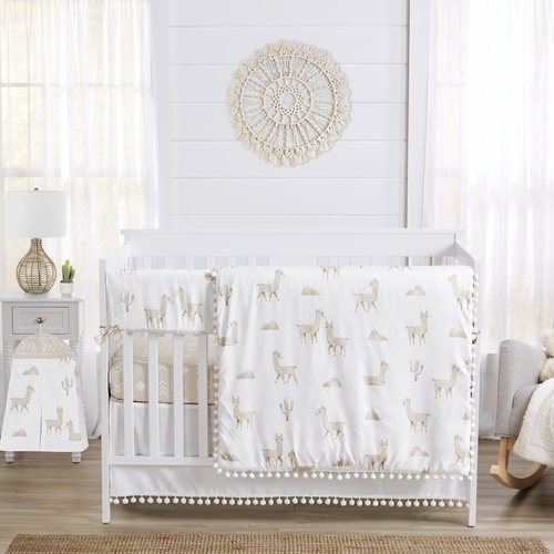 Boho Llama Collection White Pom Pom Crib Bed Skirt - alt image 1