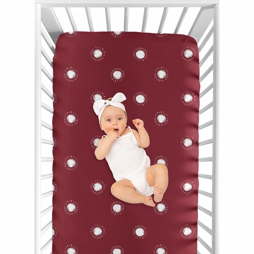 Boho Sun Burgundy Red and White Crib Sheet - alt image 3