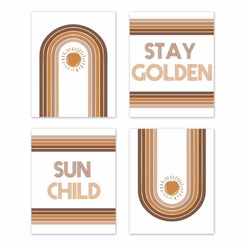 Boho Sun White and Pumpkin Wall Art Prints - Set of 4