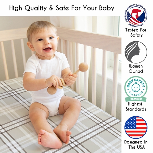 Boho Teddy Bear Collection Crib Sheet - Taupe Plaid  Print - alt image 2